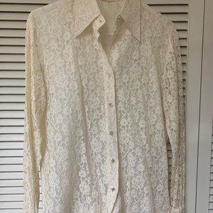 Beautiful Vintage 1970's Lace Long Sleeve Blouse Lined Light Cream